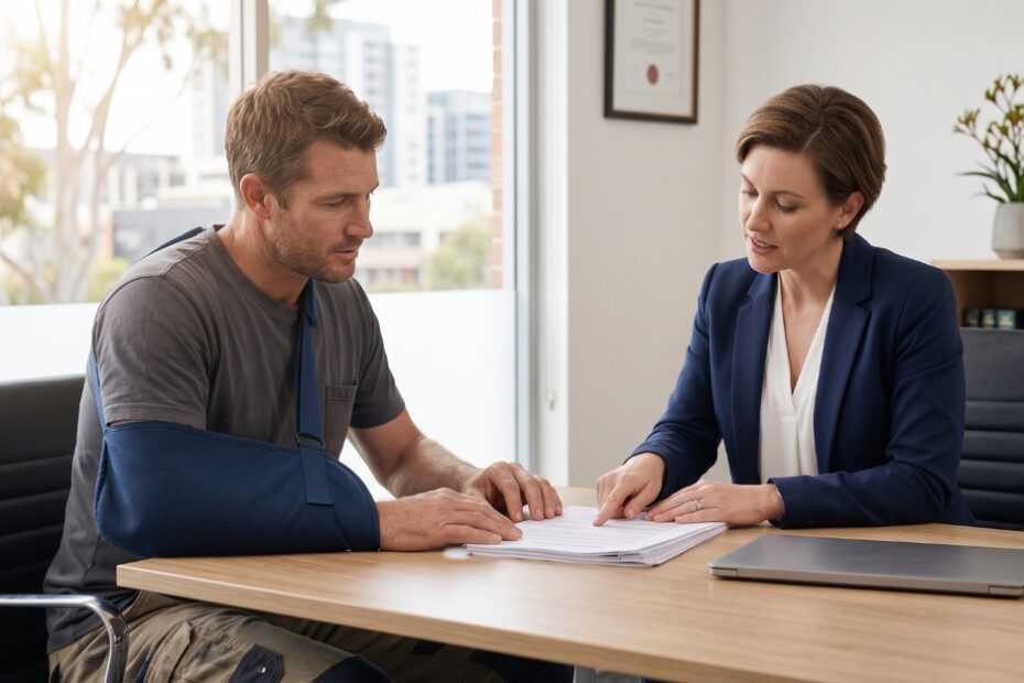 Injured worker reviewing documents with a solicitor about workers compensation medical treatment changes in NSW